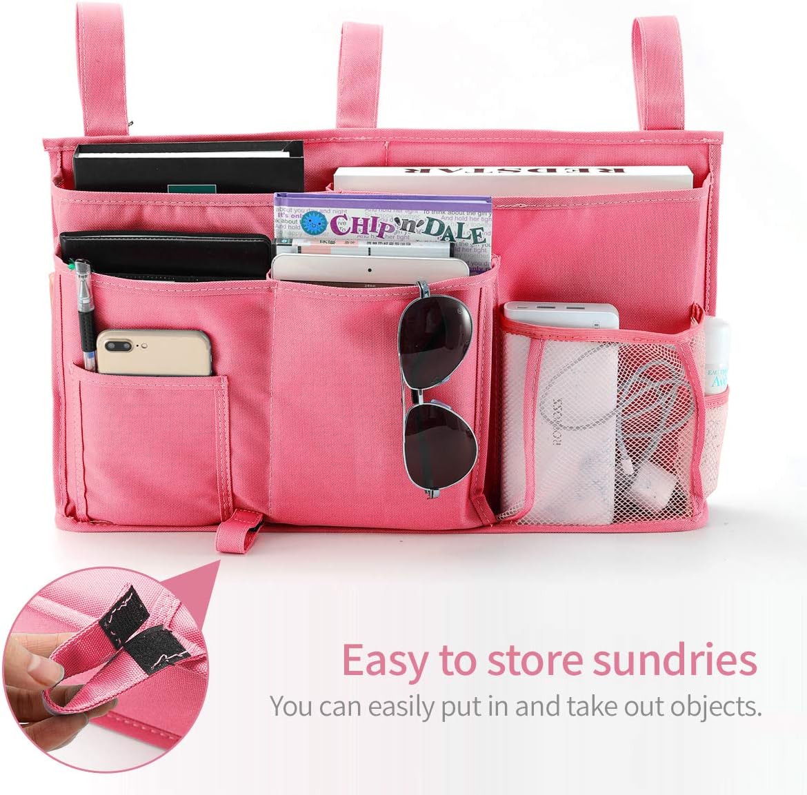 Bseash Bunk Bed Organizer, Bedside Caddy Hanging Bed Organizer Storage Bag 8 Pockets, for College Dorm Rooms Bed, Hospital Bed, Baby Bed Rails, 600D Oxford Cloth (Pink)