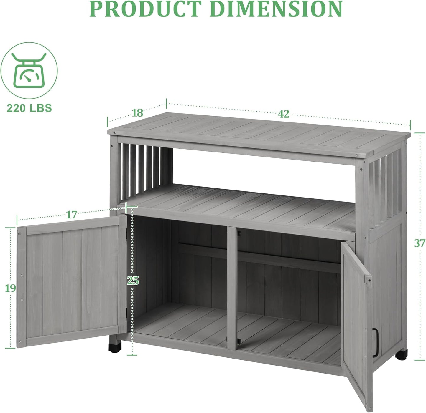 Outdoor Potting Bench with Storage Cabinet and Metal Top, Wood Workstation for Outdoor Patio, Garden (Grey, 42×18×37")