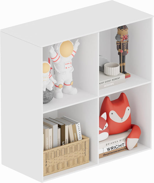 Book Shelf, Wooden Cube Storage Organizer with 11" Open Cubes, Stackable Modular Bookcase for Room Divider Storage, 2 Tier Bookshelf for Living Room, Bedroom, Office (White, 4-Cube)