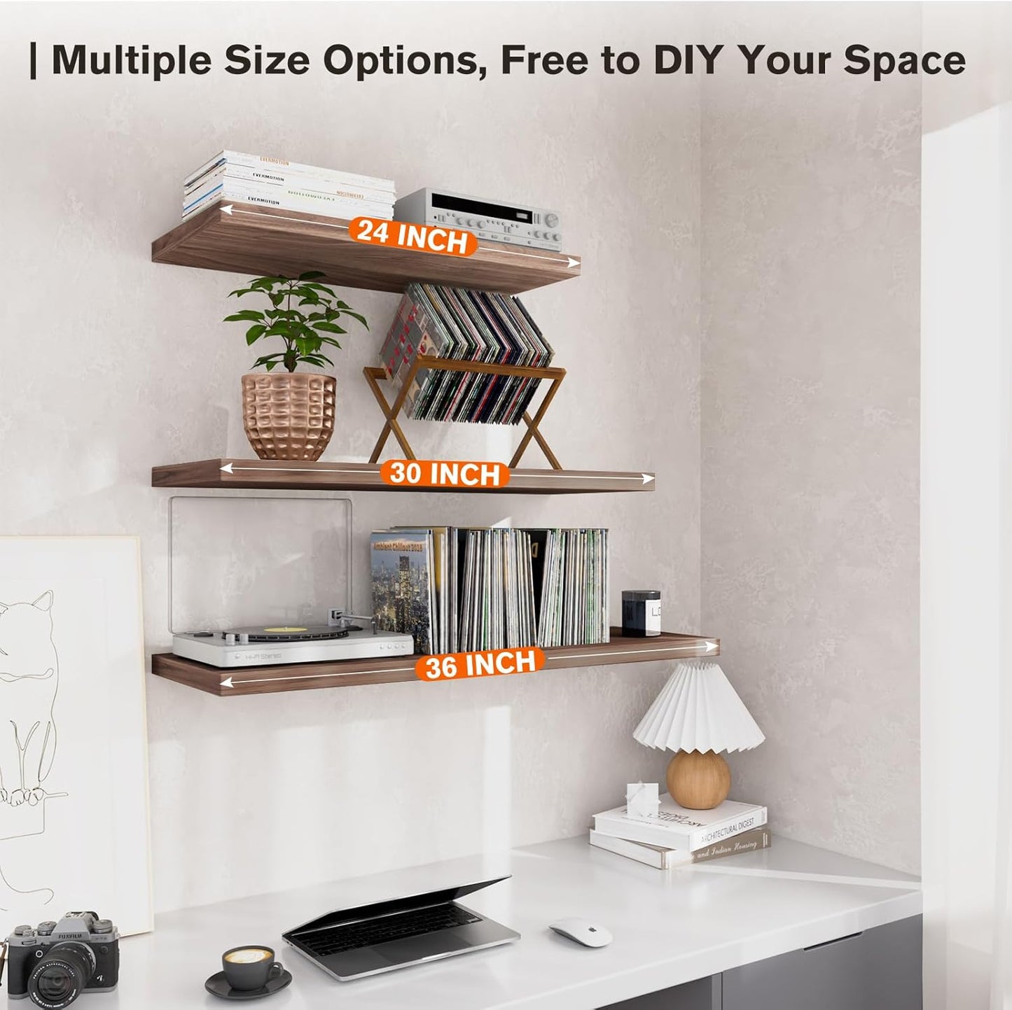 Wall Shelf Set of 3, Walnut Floating Shelves 24 in W x 10 in D x 1 in H, Wooden Floating Wall Shelf with Invisible Brackets for Living Room/Bedroom/Bathroom/Kitchen Storage and Decor