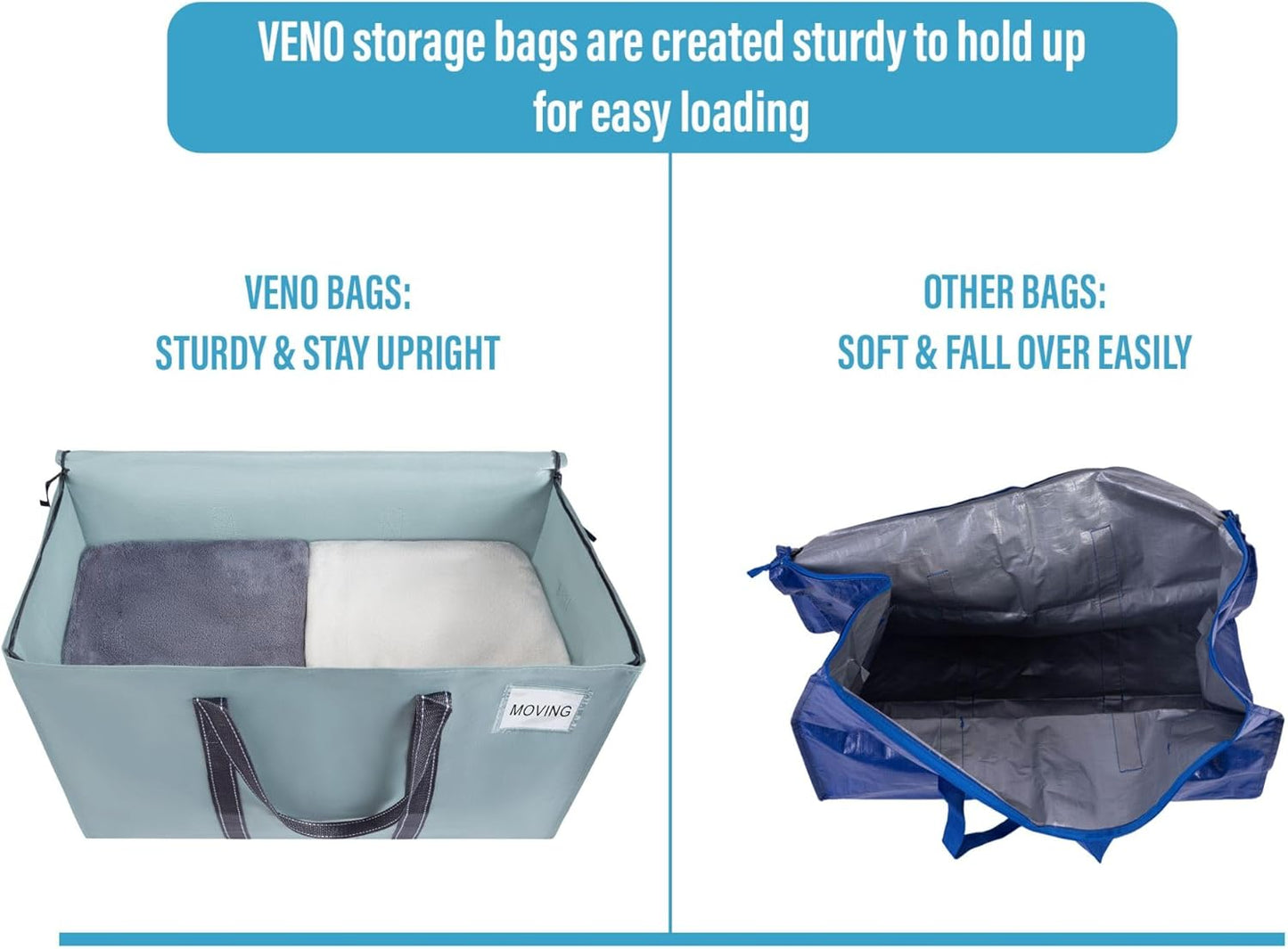 VENO 6 Pack Moving Bags and Large Christmas Storage Bins with lids. Alternative to Moving Boxes, Packing Supplies for College. Extra Large Heavy Duty Totes for Packaging (Light Blue Matte, 6 Pack)