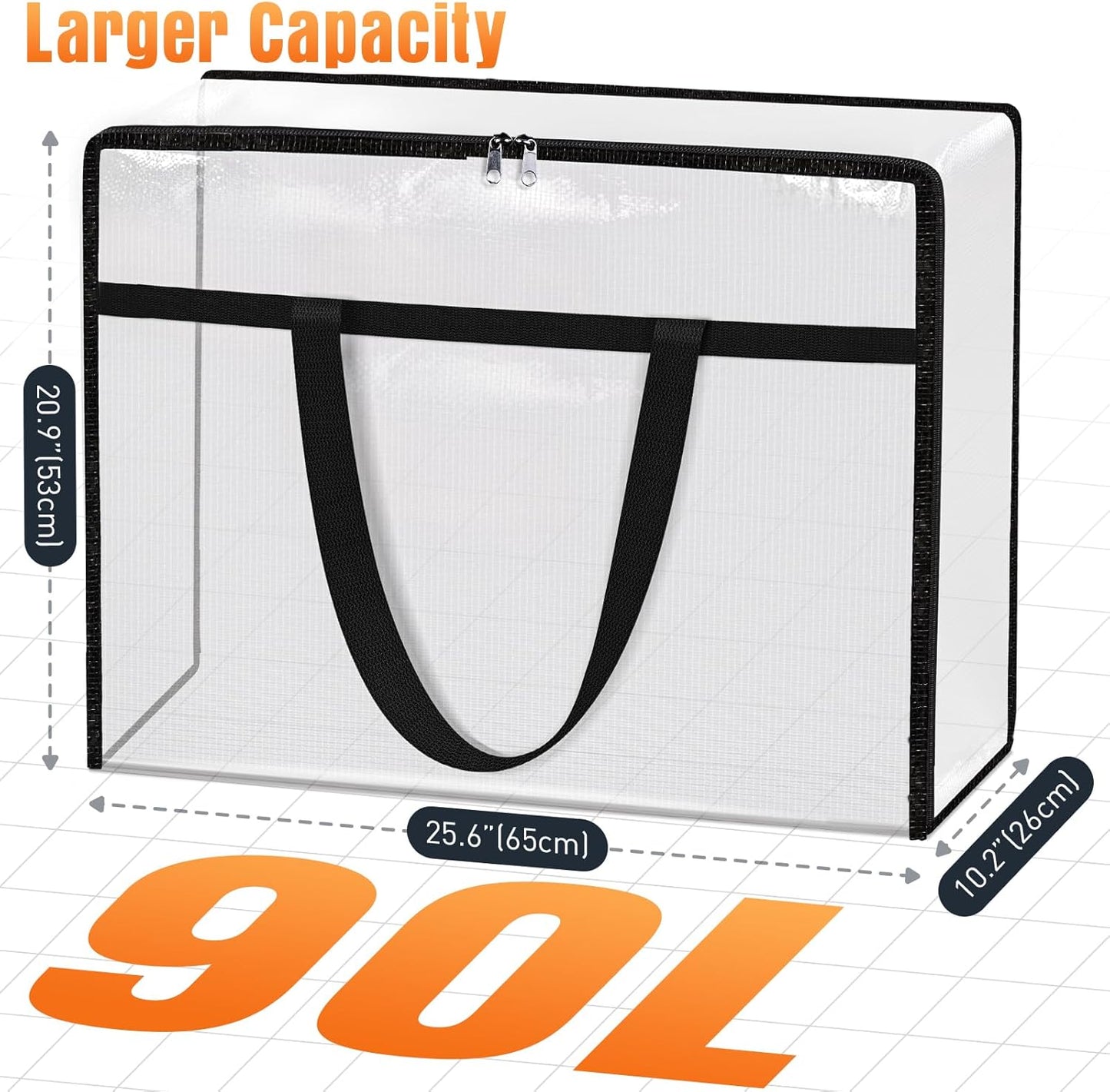 Clear Under Bed Storage Containers - 8 Pack Large Capacity Clothes Storage Bags with Lid & Sturdy Handles, Foldable Moving Bags, Clothing Organizer Totes for Bedding, Comforter, Sheet（90 L）