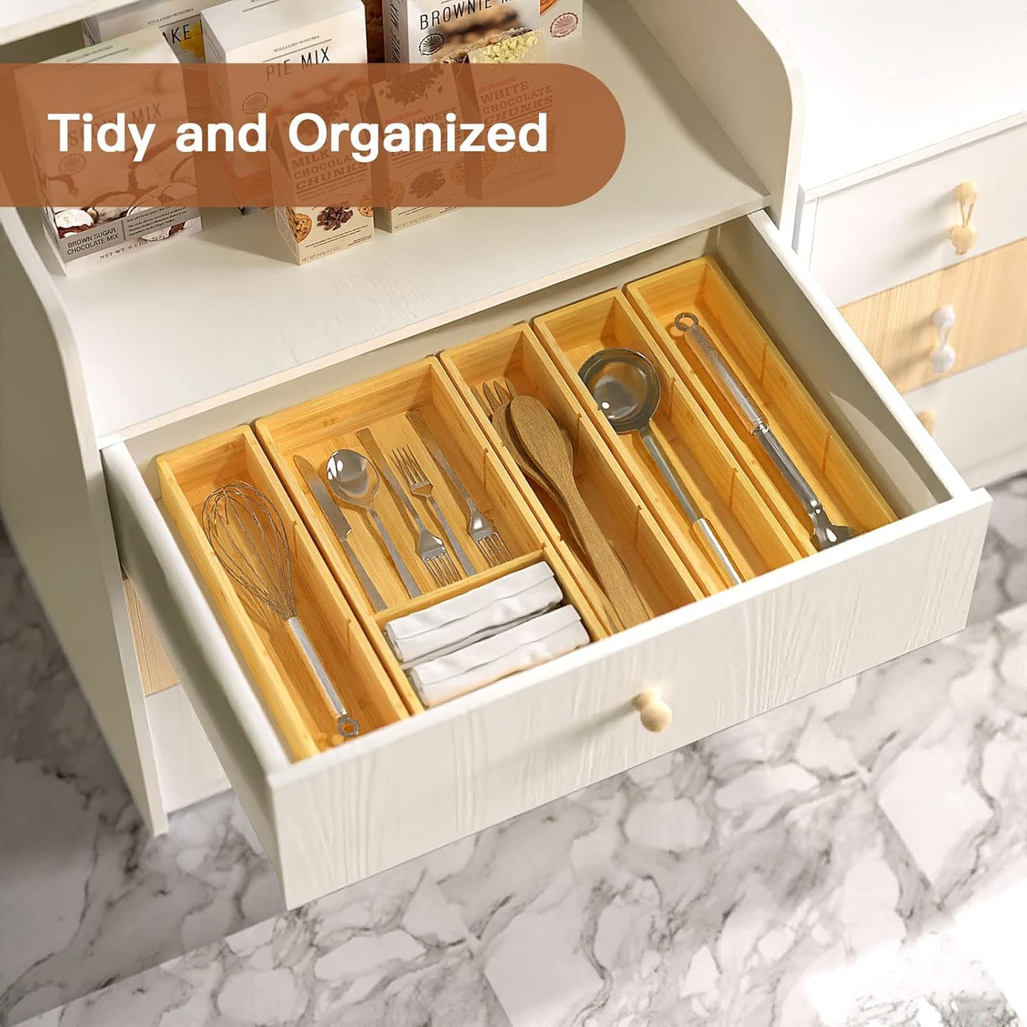 5 pieces Bamboo Drawer Organizer, Adjustable 3 Individual Junk Drawer organizer for Bathroom and Kitchen, Wood Drawer Organier Boxes for Jewellery, Make up and Tea Bag