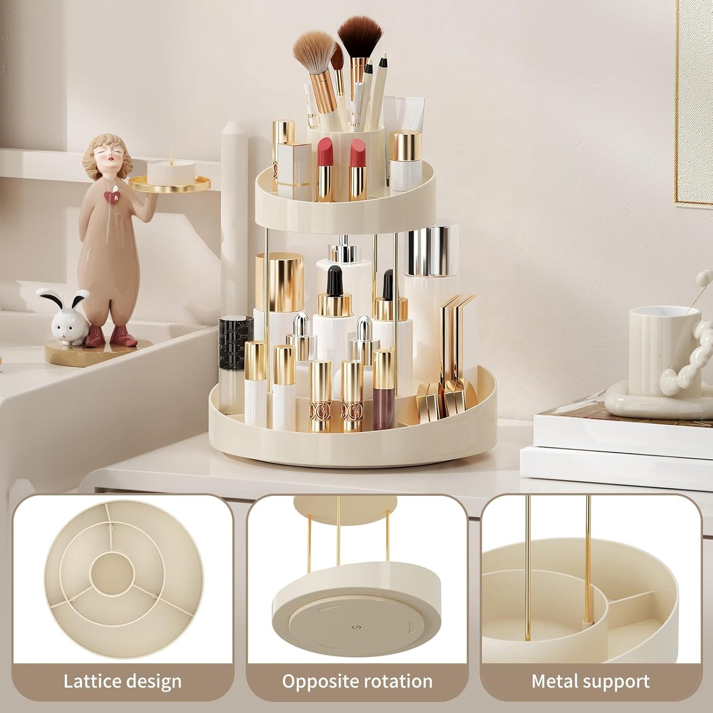 2 tier Makeup Organizer Countertop,360 Rotating Makeup Organizer for Skincare, Lipstick and Perfumes,Multi-function Cosmetic Display Cases for Vanity,Bathroom,White