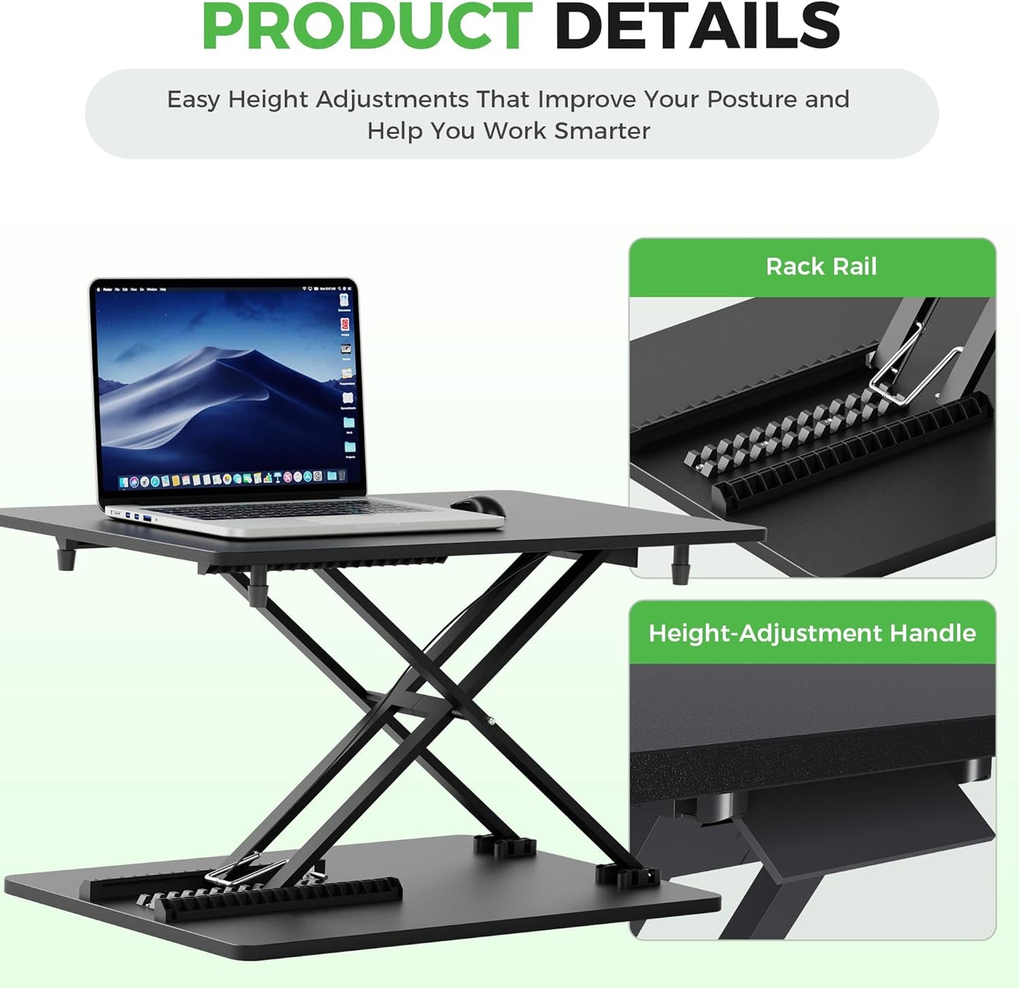 Standing Desk Converter Adjustable Height, 25.16" × 15.75" Height Adjustable Desktop Riser, No Assembly Required, Desktop Workstation for Laptop, Monitor and Office Use (Black)