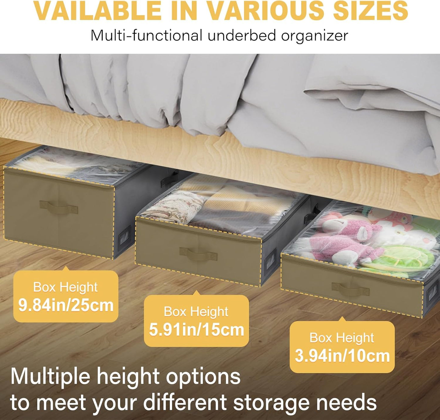 10-Inch Under Bed Storage Containers (3-Pack) | Sturdy Sidewalls | Clear Cover & Label Holder | Foldable Closet Organizer | Stores Clothing/Blankets/Wrapping Paper/Toys