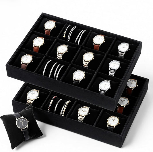 2 Pieces Velvet Watch Tray, 12 Grid Jewelry Organizer, Stackable Watch Bracelet Bangle Display Holder, Stackable Jewelry Tray, Adjustable Pillow, Stylish and Organized Multifunctional Tray(Black)