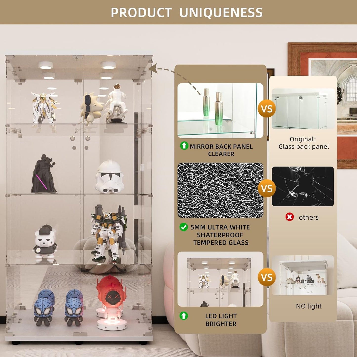 Beauty4U Glass Display Cabinet with LED Light and Mirror, 4 Shelves with 2 Doors, Curio Cabinets for Living Room, Bedroom, Office, White Floor Standing Glass Bookshelf, Quick Installation