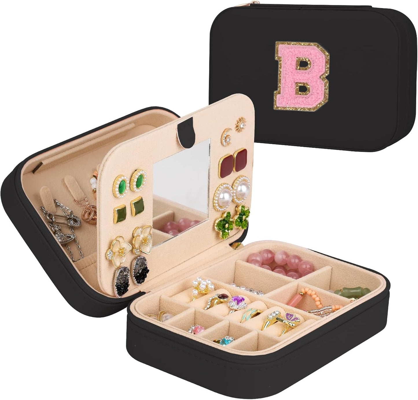 TopPerfekt Travel Jewelry Case, Jewelry Box with Mirror, Jewelry Organizer Bridal Shower Gifts to Her, Earring Storage Travel Case, Trendy Gift for Women and Girls, Girlfriend-Letter B, Black