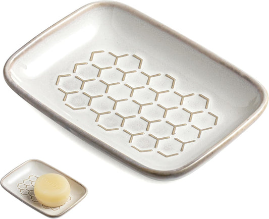 Gomakren Soap Dish for Shower, Bar Soap Holder, Christmas Ceramic Soap Dishes for Bar Soap, Sponge Holder Soap Saver Soap Tray for Bathroom Kitchen Sink, 5.5 Inch, Beige
