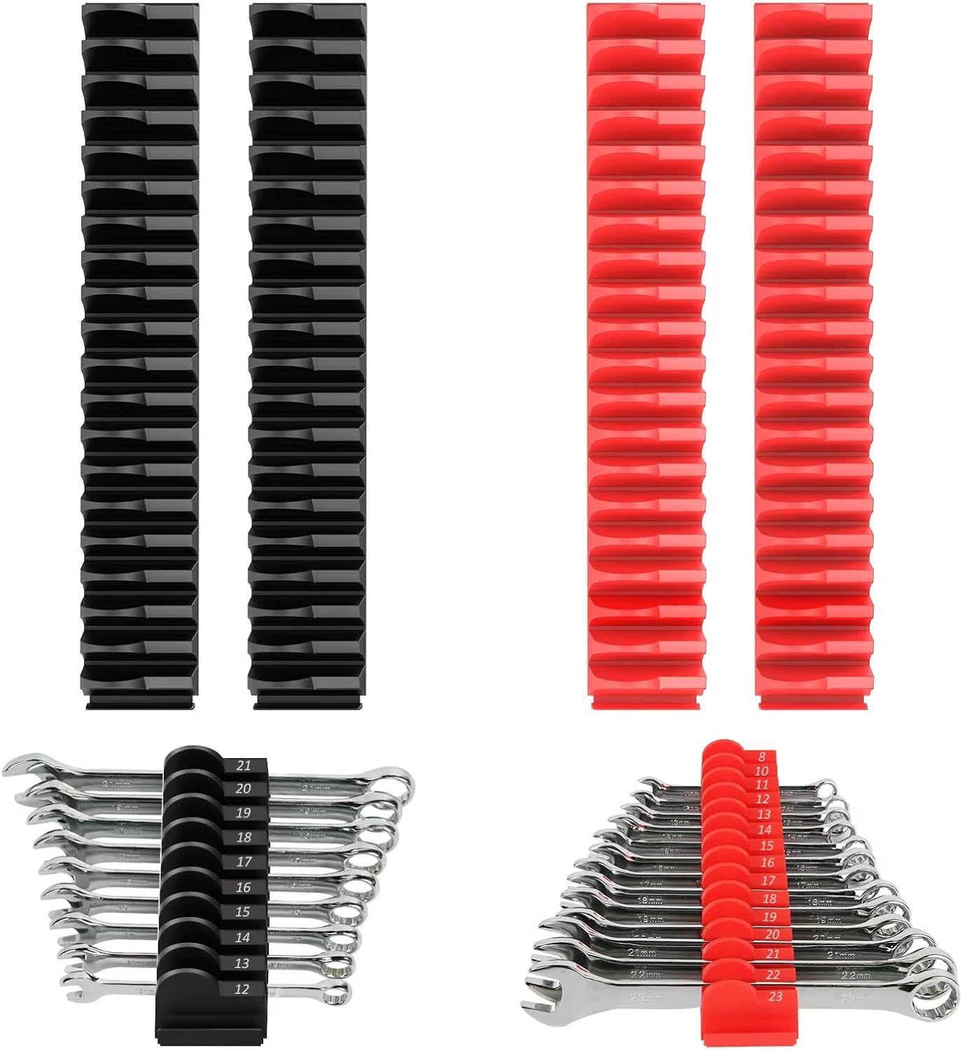 80 pcs MAGNETIC Modular Wrench Organizers for Tool Drawers - Wrench Rack with Metric & SAE Labels, Perfect Tool Storage Holder. Gift for father, brother and boyfriend (With Magent) (Black and Red)