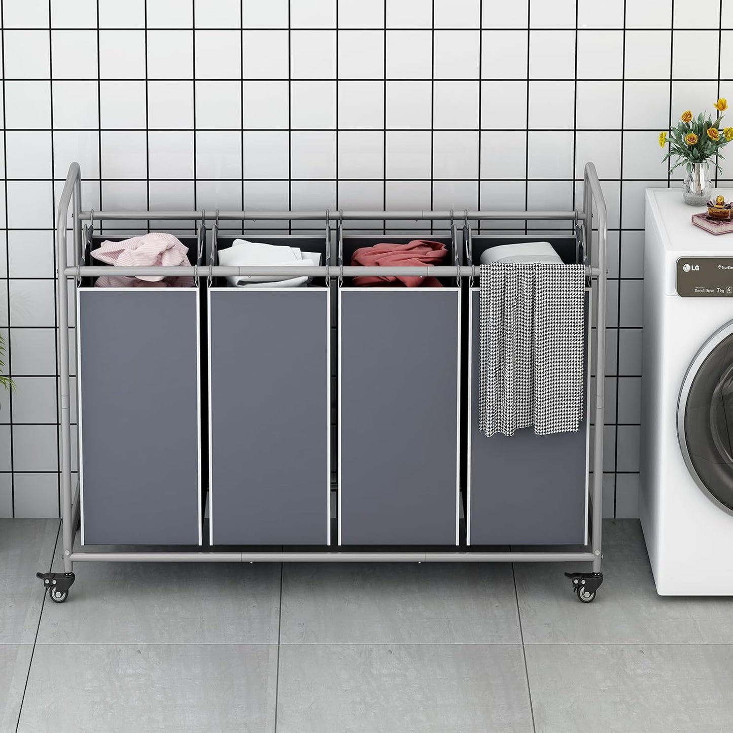 Laundry Sorter 4 Section Hamper Sorter with Heavy Duty Lockable Rolling Wheels Removable Bags Basket Separator for Dirty Clothes Storage, Grey