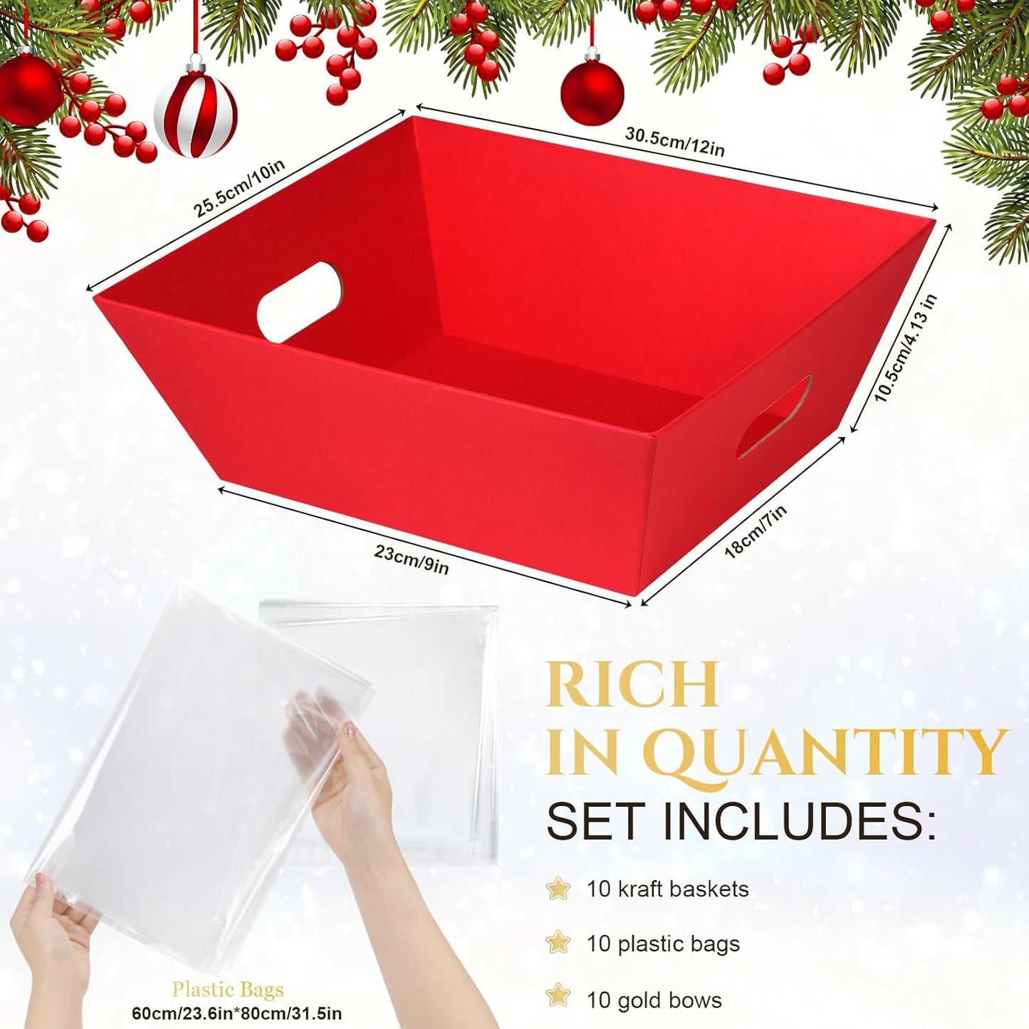 AFOROEOA 10PACK Red Baskets For Gifts Empty, 10x12”Thick Kraft Gift Basket with 10 Bows 10 Bags Empty Gift Baskets for Christmas, Easter, Birthdays, Snacks, Farmers Market