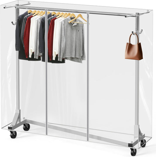 Simple Houseware Industrial Grade Z-Base Garment Rack, 500lb Load with 62" Extra Long bar w/Clear Cover and Tube Bracket