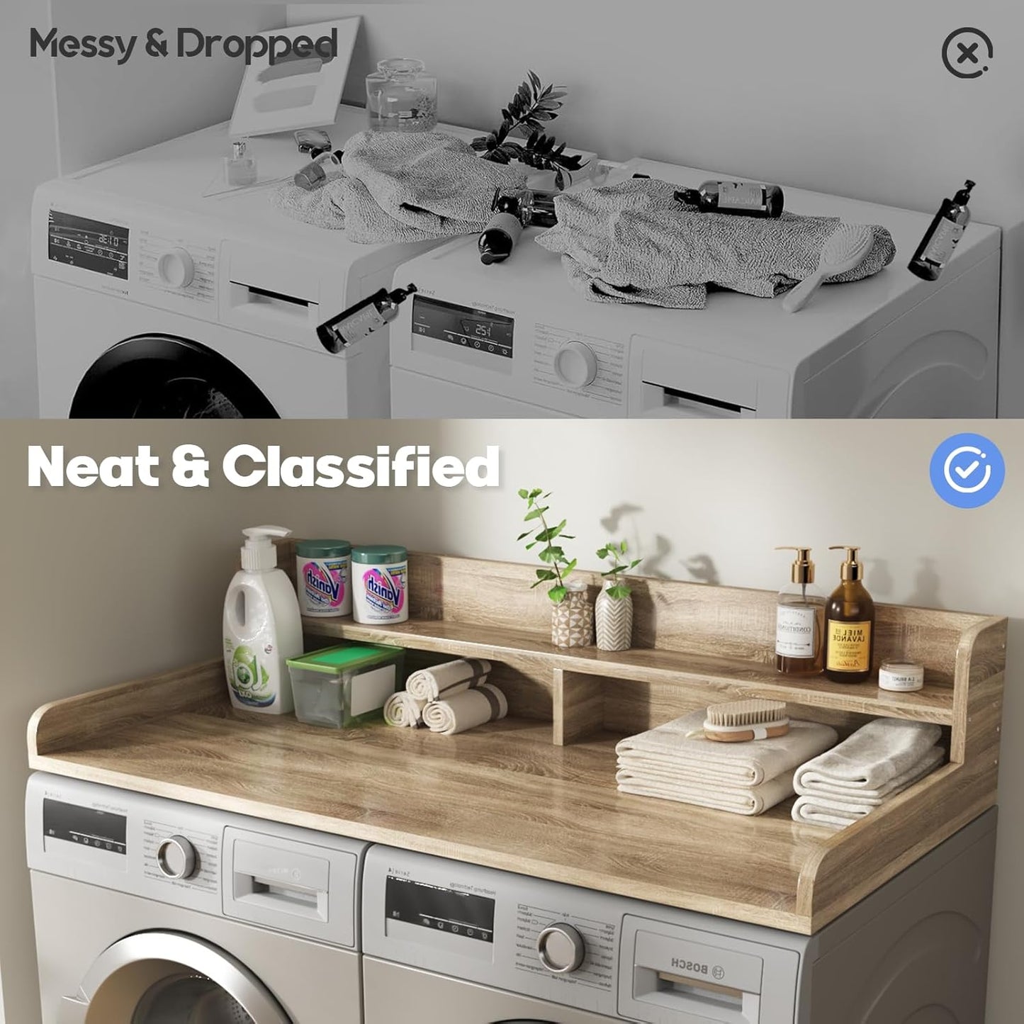 2-Tier Washer and Dryer Countertop with 2.75" H Guard,54" W x 27.5" D Laundry Countertop Cover with Non-Slip Pad,Large Space Laundry Topper for Folding Clothes Over Washer and Dryer-White Oak