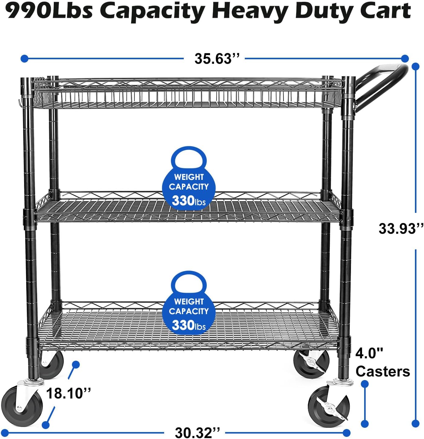WDT 990Lbs Capacity Heavy Duty Rolling Utility Cart, NSF Rolling Carts with Wheels,Commercial Grade Metal Cart with Handle Bar & Shelf Liner,Trolley Serving Cart for Restaurant,Kitchen,Black