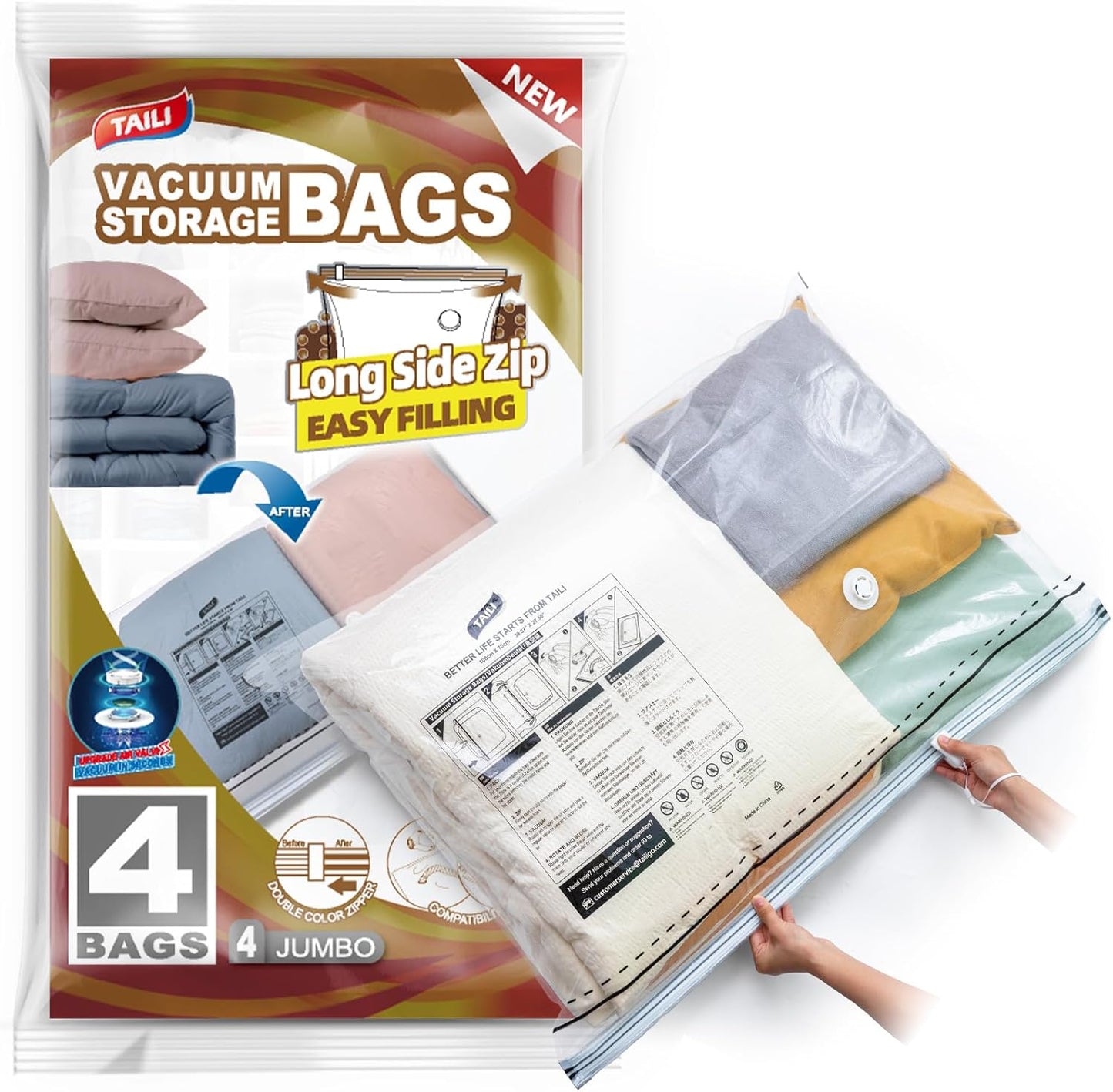 TAILI 4 Pack Vacuum Storage Bags, LONG SIDE ZIP (39x28 inch) Vacuum Seal Bags for Clothing, Jumbo Storage Space Saver for Beddings, Comforters, Blanket, Pillows and Clothes
