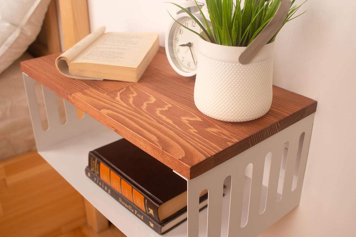 Floating Nightstand with White Metal Base, Wooden Top and Sturdy Metal Base, Minimalist Bedside Table, Wall Mounted Shelf, Bedside Shelf (Paris)