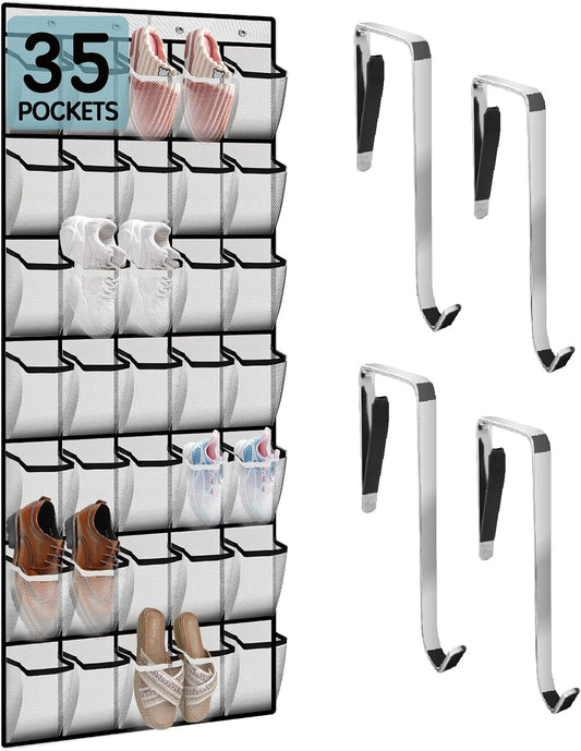 35 Compartment Over The Door Storage - Breathable Mesh Hanging Organizer with Large Pockets, Space Saving Design for Men & Women's Footwear, Closet, Bedroom （White）