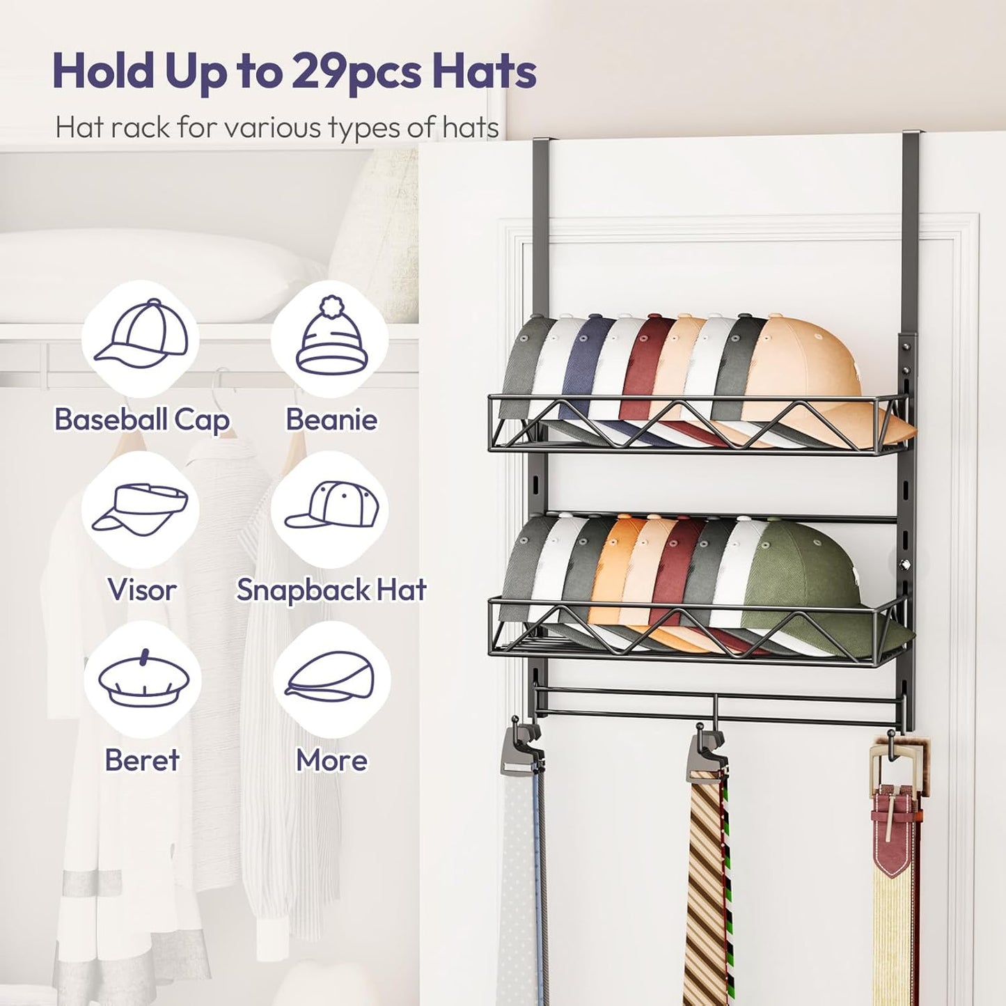 SWTYMIKI Over Door Hat Organizer - 3 Tier Wall Mounted Hat Rack with 2 Adjustable Metal Basket and 3 Hooks, Hanging Baseball Cap Organizer Storage Holds up to 29 Caps for Door, Bedroom, Closet