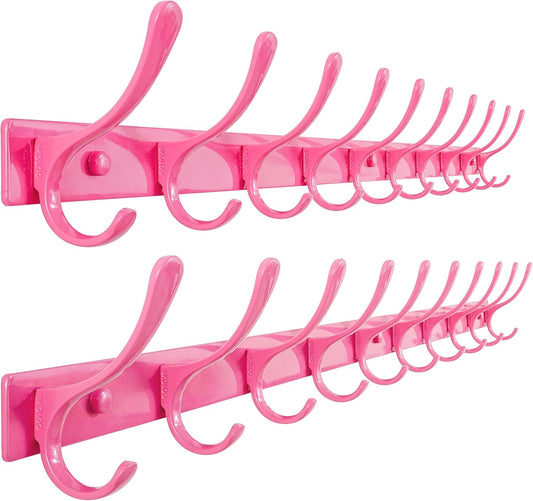 SKOLOO Coat Rack Wall Mounted - 10 Hooks, Pack of 2, Heavy Duty, Stainless Steel, Metal Wall Hanger, Sturdy Coat Hooks for Hanging Coats, Jacket, Clothes, Hat, Pink
