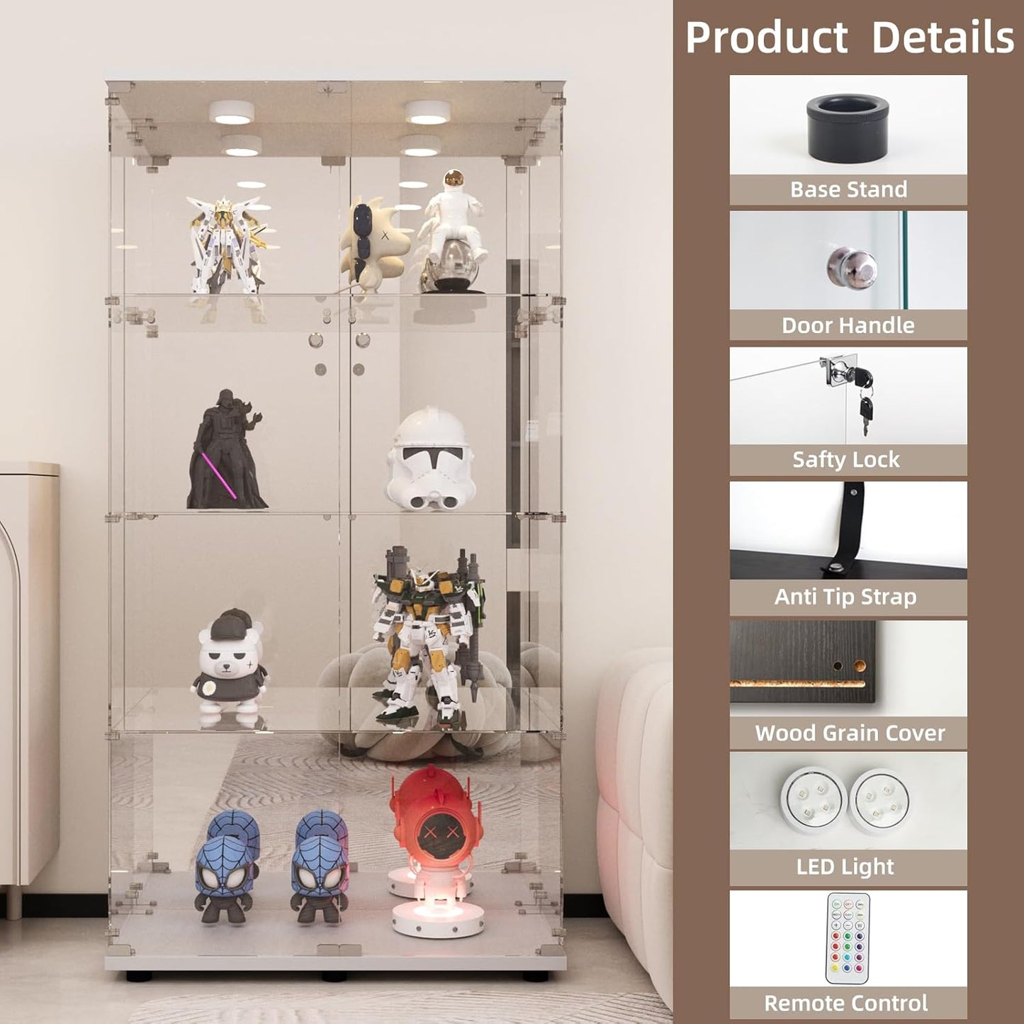 Beauty4U Glass Display Cabinet with LED Light and Mirror, 4 Shelves with 2 Doors, Curio Cabinets for Living Room, Bedroom, Office, White Floor Standing Glass Bookshelf, Quick Installation
