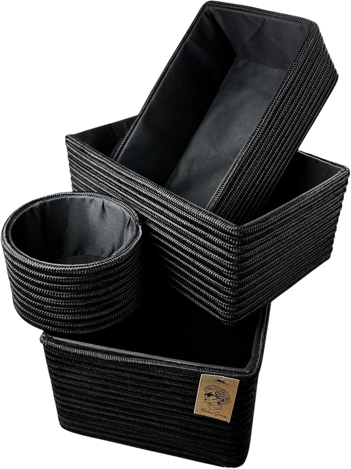 MODERN GRANNY Fashion Decor Vanity Box, Stackable Boxes Decoratives with lined Interior, Storage Baskets Set of 4, Office Boho Baskets Shelf Box for Organizing (NOCTURNE ONYX)