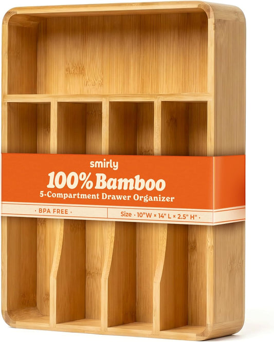 SMIRLY Silverware Drawer Organizer – Bamboo Kitchen Drawer Organizer, Adjustable Utensil Holder and Cutlery Tray, Drawer Dividers for Flatware and Kitchen Utensils