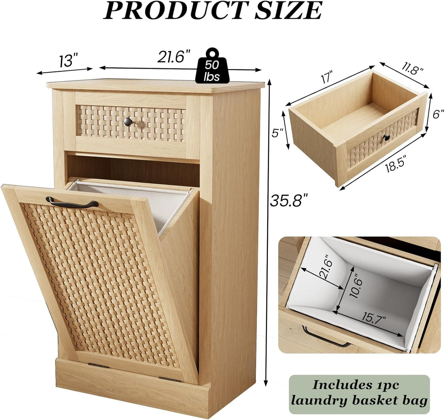 Tilt Out Laundry Hamper Cabinet,10 Gallon Laundry Cabinet with Drawers ＆ Hidden Baskets, Farmhouse Storage Basket for Laundry Room, Bathroom, Kitchen, Wood