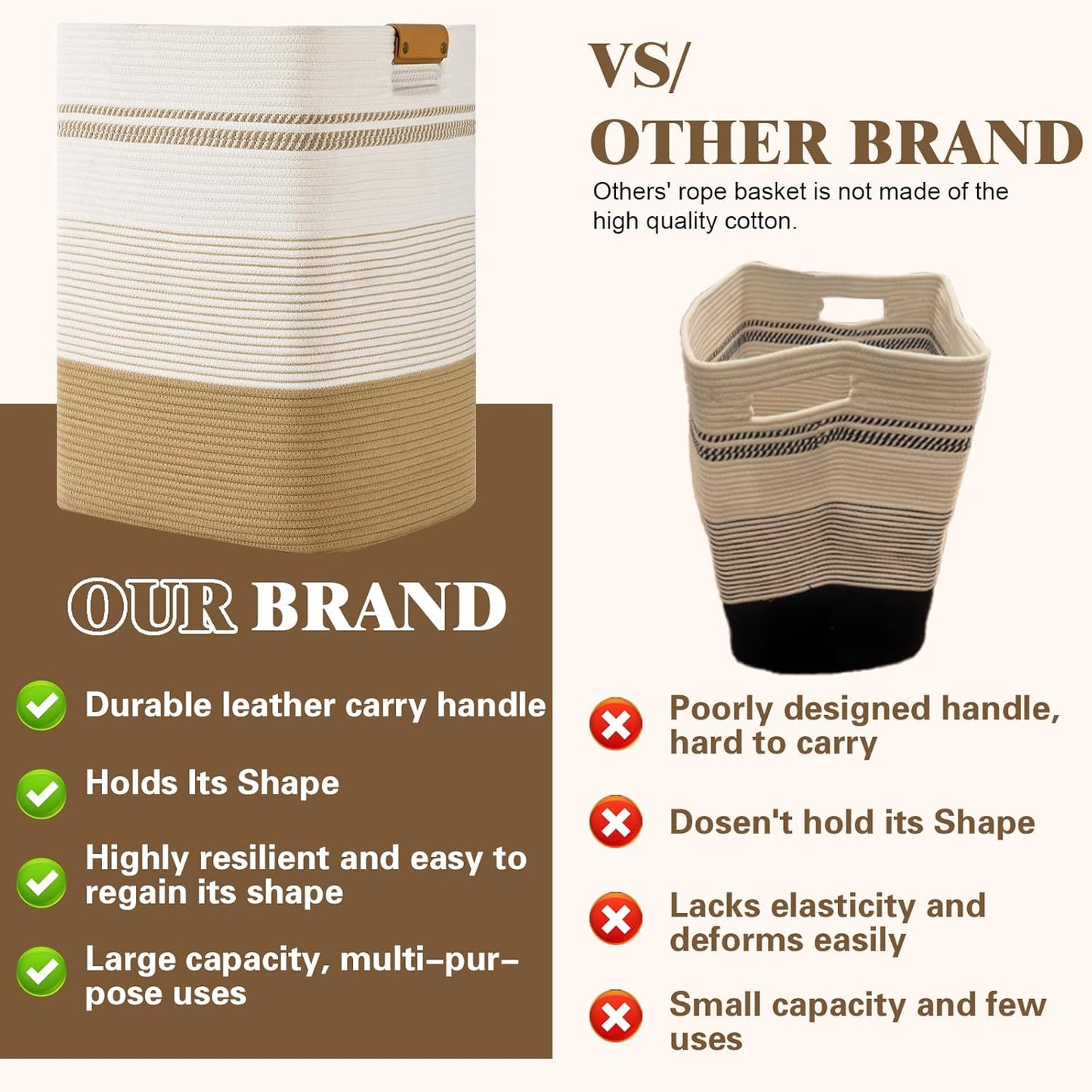 Laundry Hamper, 75L Tall Laundry Basket with Leather Handles, Rectangle Large Clothes Hamper for Organizing, Cotton Woven Laundry Baskets Storage Hampers for Bedroom, Nursery, Living Room