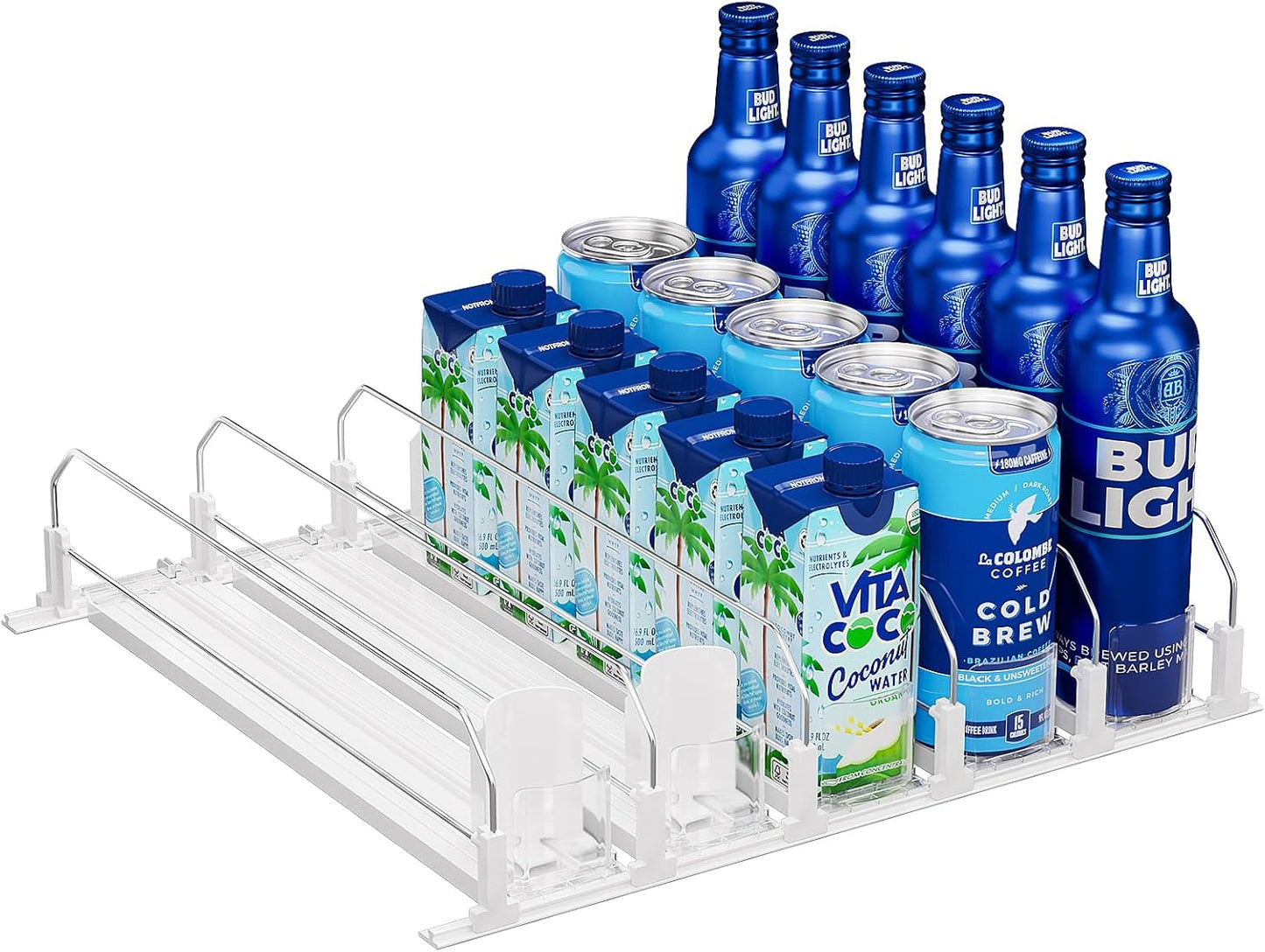 Puricon Fridge Drink Organizer - Spring Loaded, Self Pushing Soda Can & Beer Bottle Organizer - 5 Rows, White