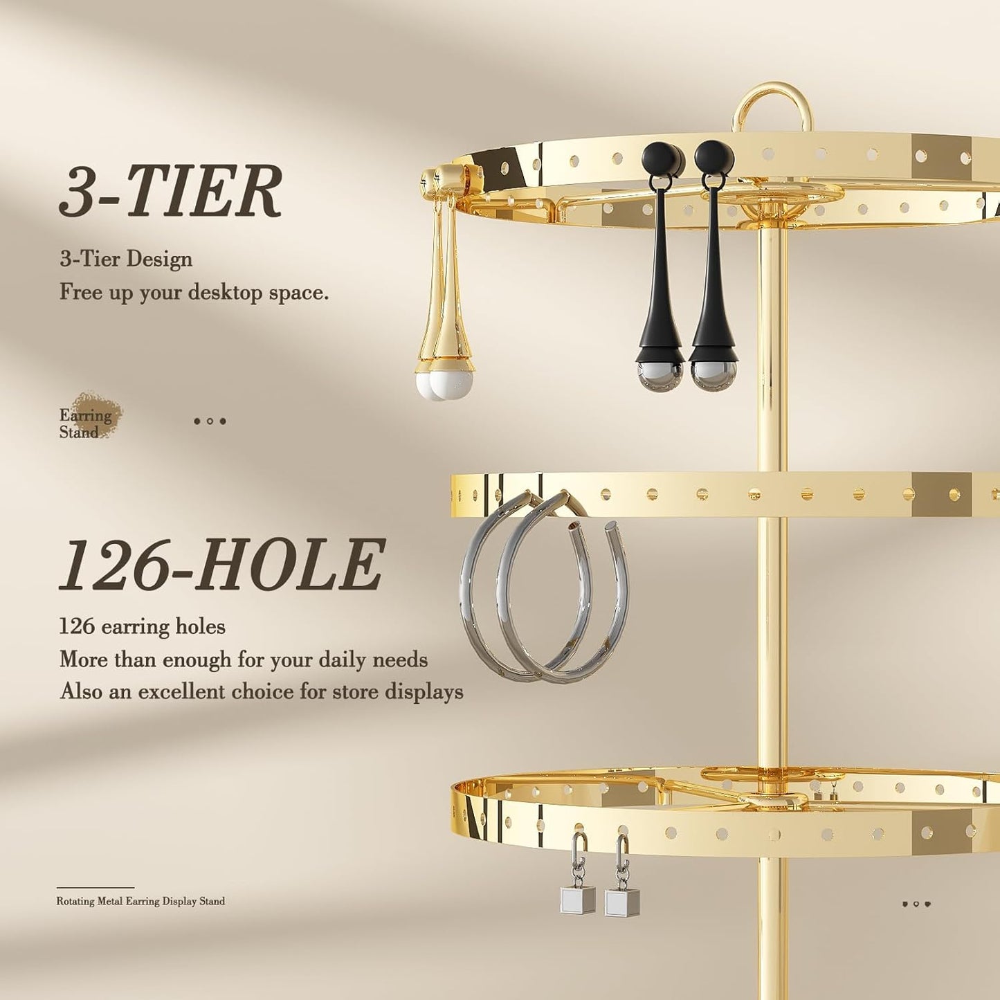 3 Tiers Earring Holder Organizer, Metal Rotating Earring Stand Adjustable Display Tree, 126 Holes Carousel Rack for Stud Hoop Pierced Dangling Women, Perfect View for All Earrings (Gold)
