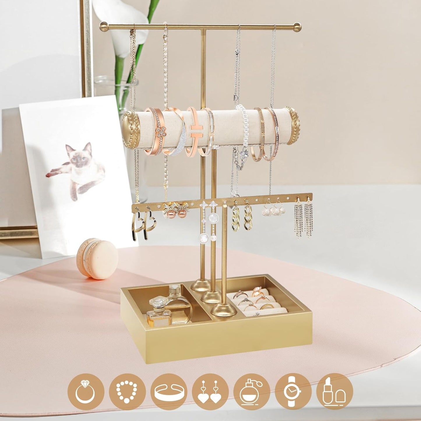 Jewelry Organizer Stand Necklace Organizer Earring Holder,3-Tier Gold Jewelry Tower Display Stand Jewelry Earring Holder Organizer Display for Necklace, Earring, Bracelet, Ring