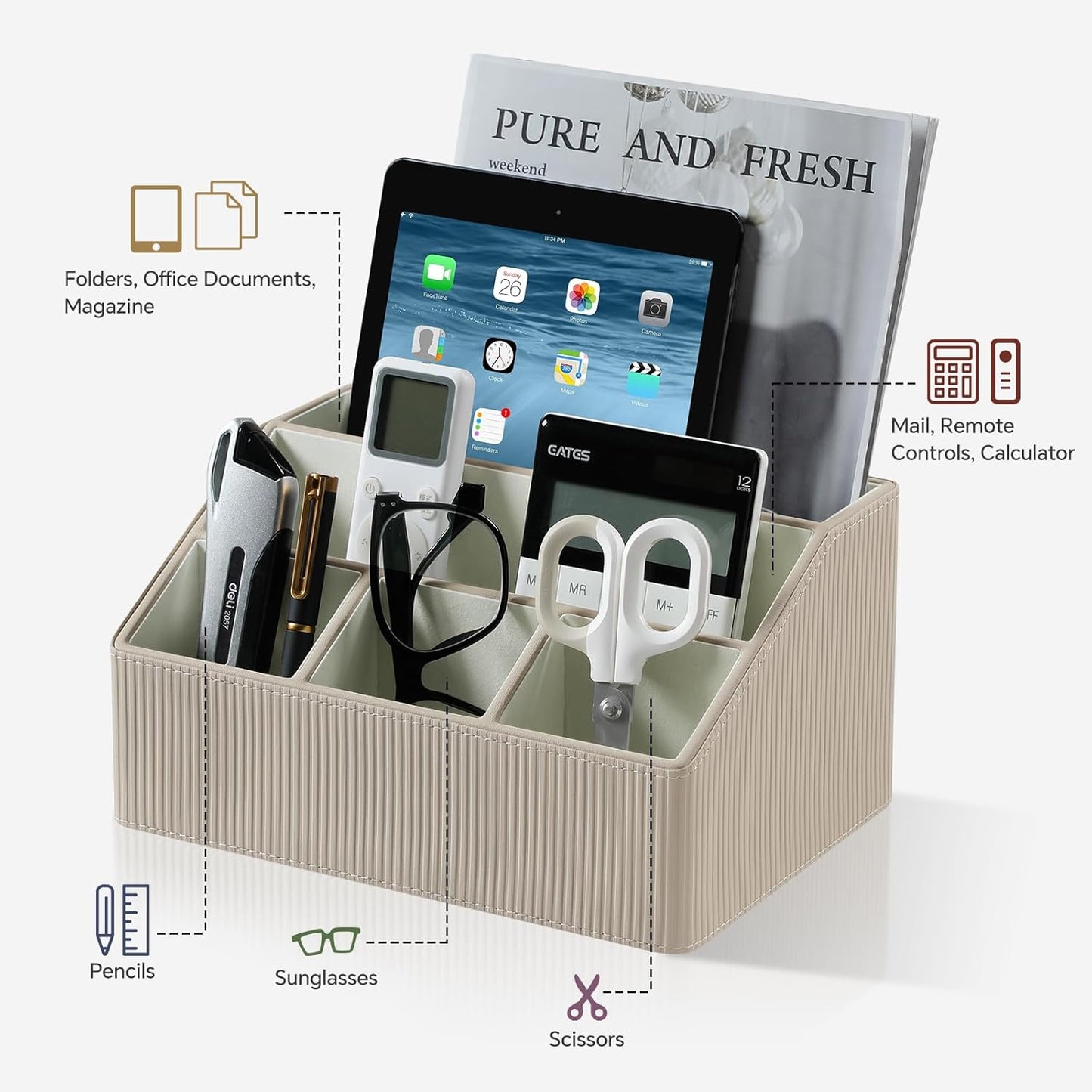 Remote Control Holder with 5 Compartments for Office Art Supplies, PU Leather Nightstand Organizer Pencil Pen Desk Caddy for Home, Desktop TV Remote Control Organizer Storage (Striped Beige)