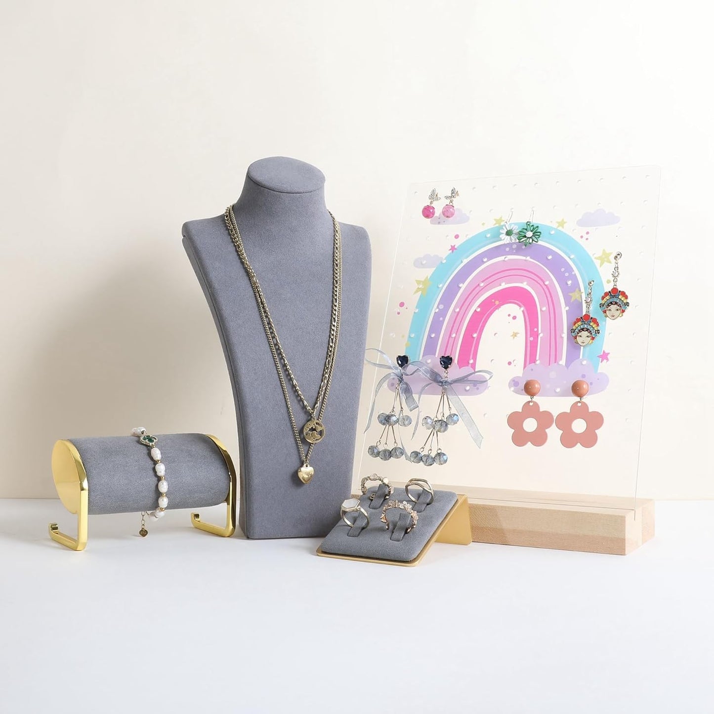 GemeShou Grey necklace storage organizer for sale, Velvet necklace holder stand, jewelry bust display stands, Jewelry Mannequin for Countertop, Showcase【Grey-Medium height 10.43 inch】