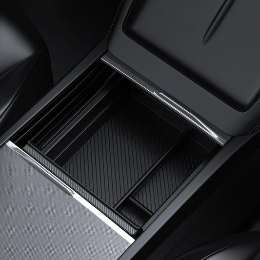 BASENOR 2026 Tesla Model Y Model 3 Center Console Organizer Tray (Carbon Edition), Hidden Storage Box for Model Y 2025 2026 Juniper Tesla 3 Highland 2024 2025 2026 (Standard/Premium/Performance)