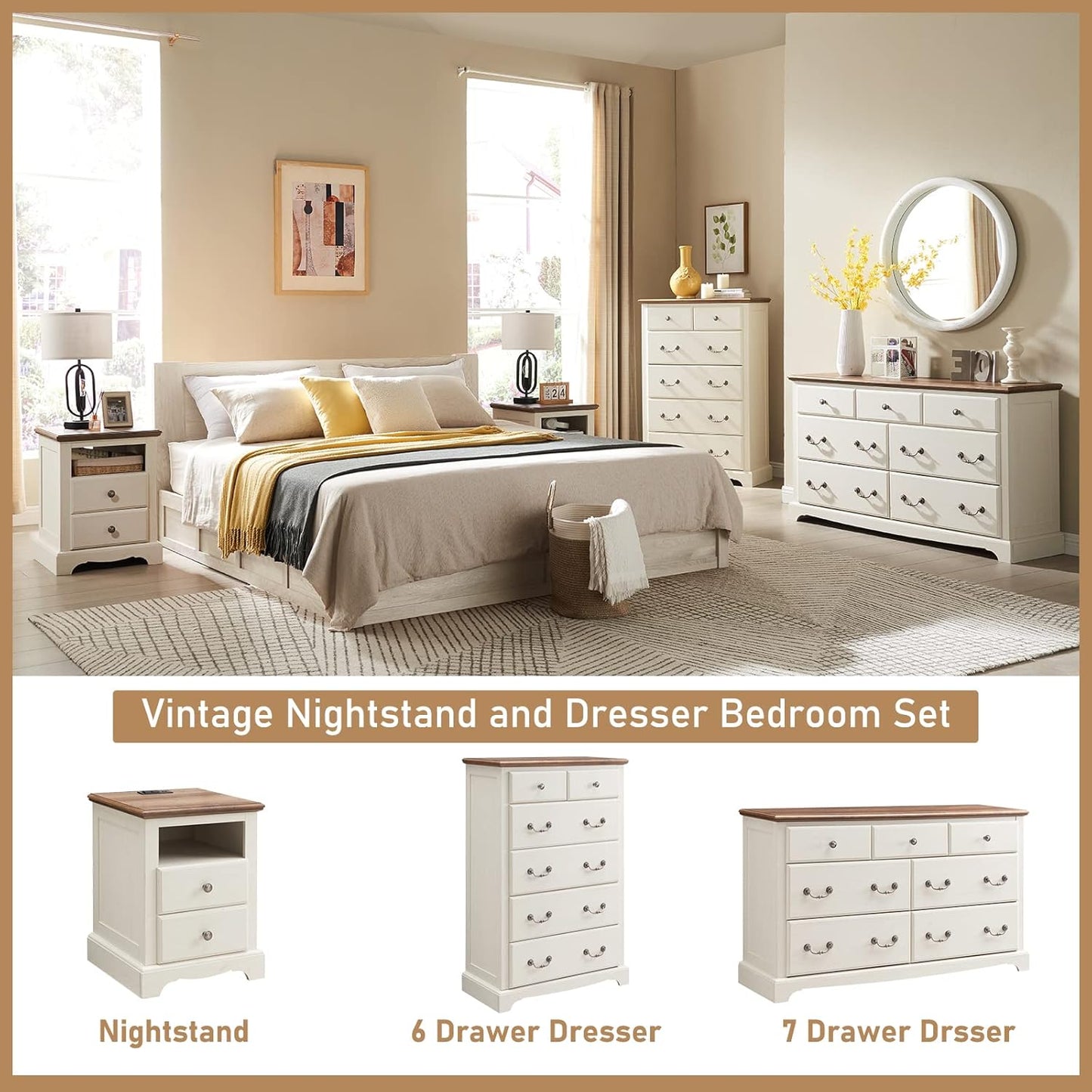T4TREAM 6 Drawers Dresser Chests for Bedroom, 48" Tall Rustic Chset of Drawers, Wood Dressers Organizer for Bedroom, Living Room,Hallway, Antique White