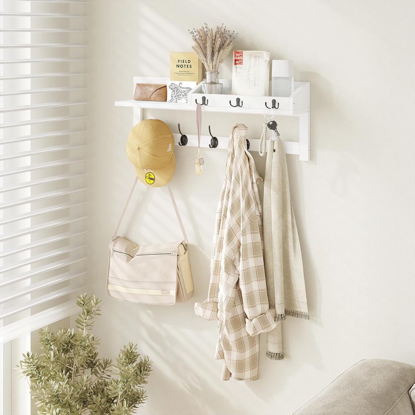 AMBIRD 26.57-Inch Wall Hanging Shelf With Coat Hooks - Entryway Wood Rack With 5 Dual Hooks, 3 Key Hooks, Mail Organizer and Key Holder (White)
