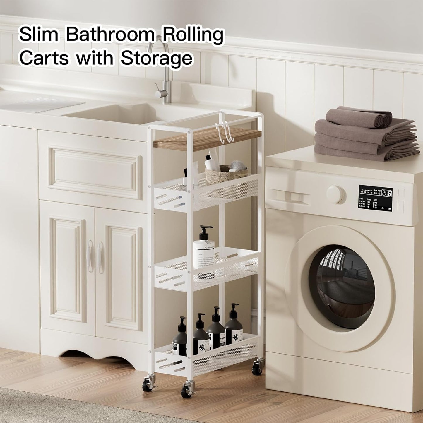 DGSNADGO Slim Rolling Storage Cart, 4-Tier Kitchen Cart on Wheels, Narrow Utility Cart with Handle and Wooden Tabletop for Small Space in Kitchen, Living Room, Bathroom, Laundry Room, Beige and White