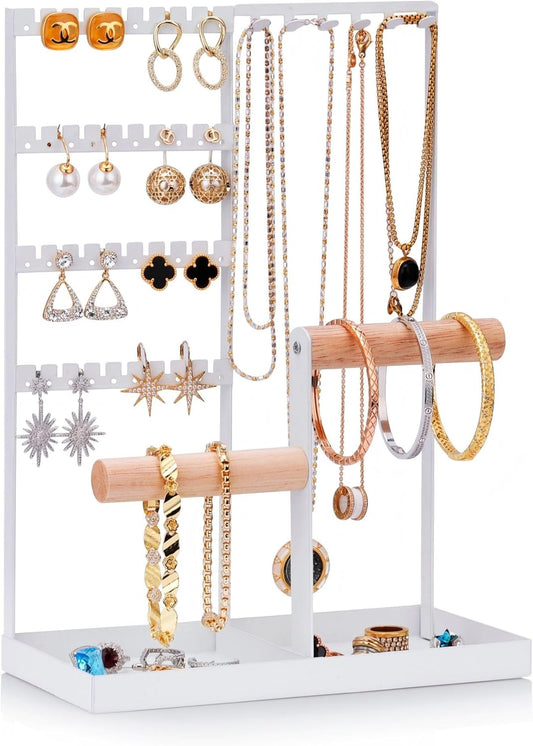 Elegant Jewelry Display Stand with Tray, Multi-Tier Organizer for Necklaces & Earrings, Sturdy Metal Frame for Vanity Tabletop Decor