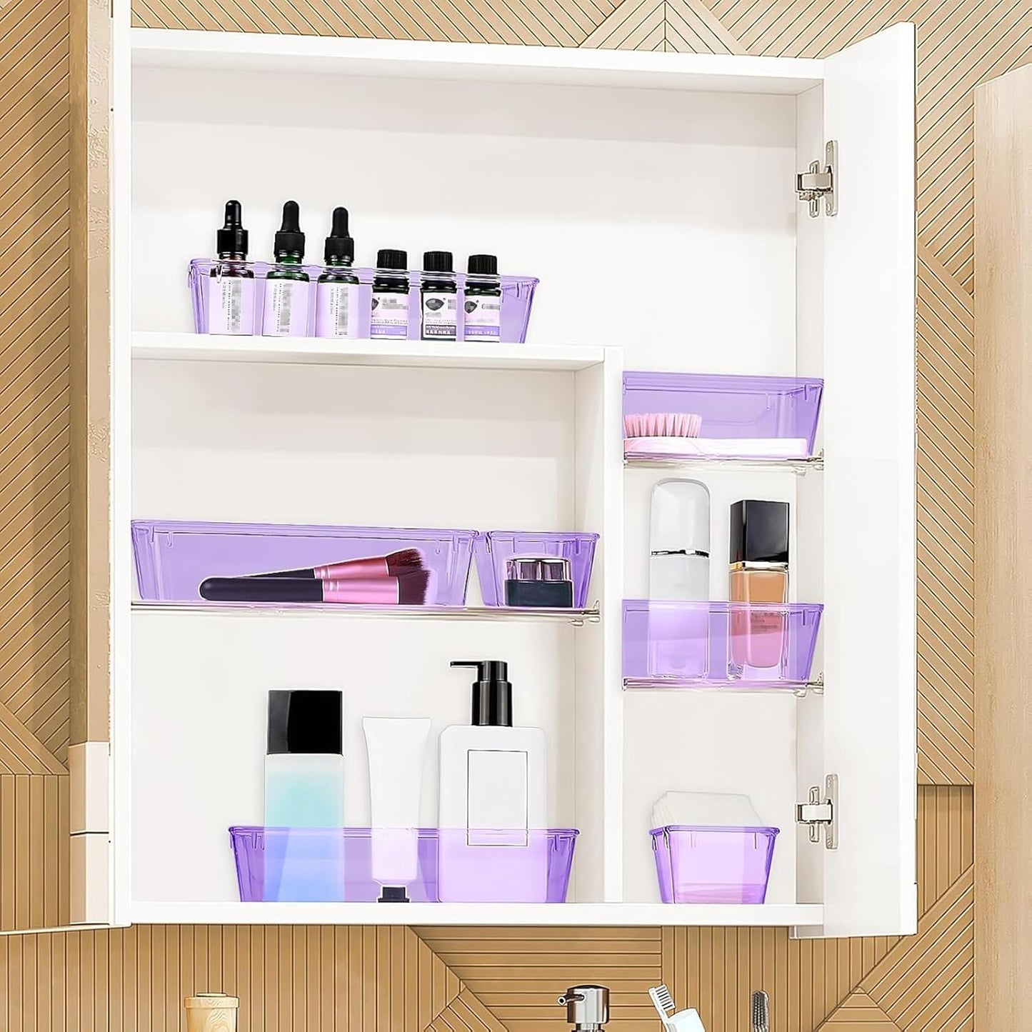 25 PCS Drawer Organizer Set, 4 Varied Size Bathroom and kitchen Drawer cabinet organizer Trays, Clear Storage Bins for Makeup, Jewelry, Utensils and Gadgets， Purple