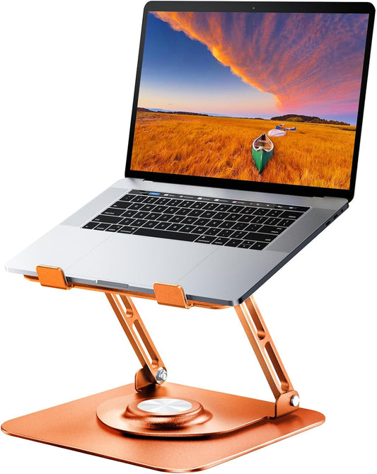 Laptop Stand for Desk, Adjustable Computer Stand with 360° Rotating Base, Ergonomic Laptop Riser for Collaborative Work, Foldable & Portable Laptop Stand, fits for All 10-16" Laptops (Orange)