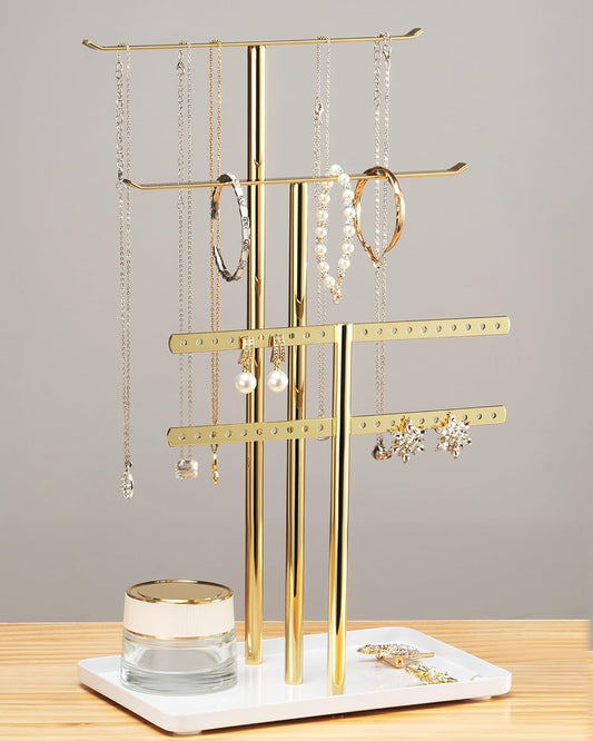 pickpiff Jewelry Stand Organizer Necklace Holder- 14.5" Sturdy Earring and Bracelet Display Hanger, Mirrored Gold, Aesthetic Room Decor