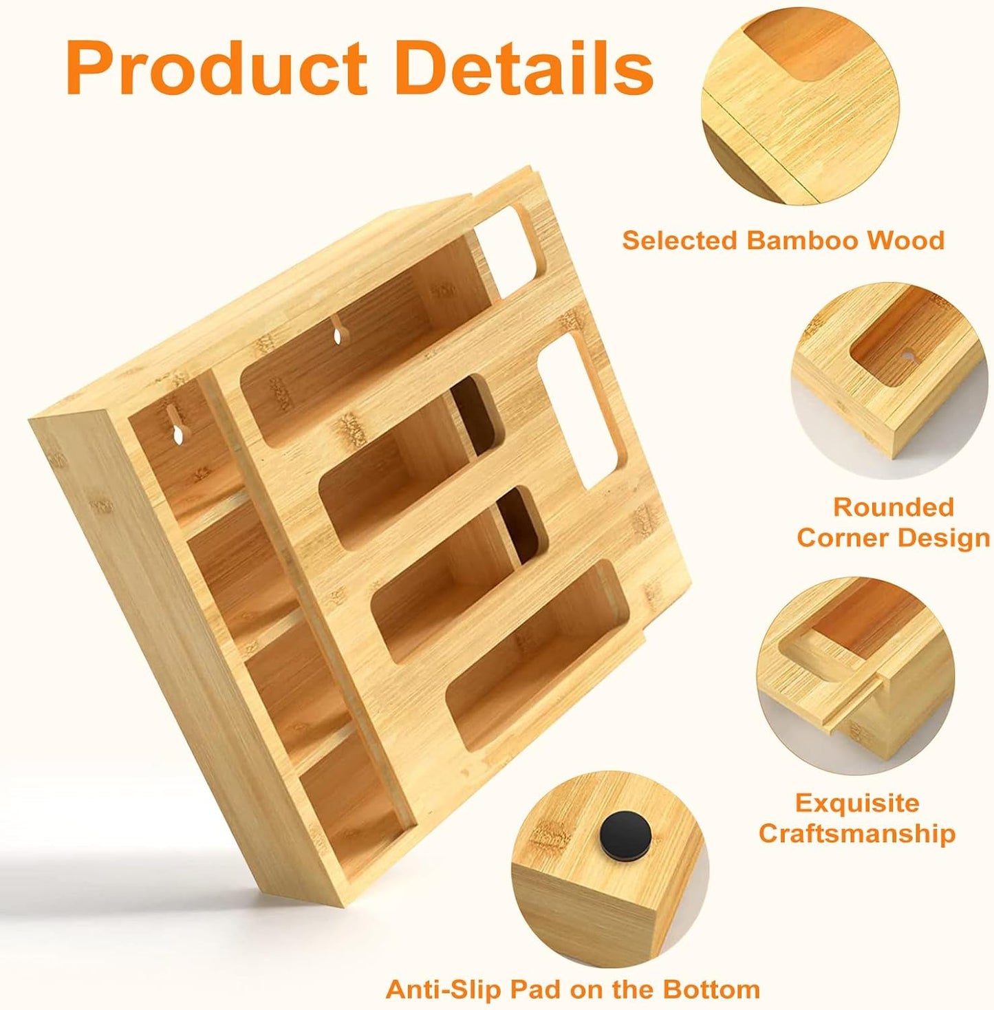 Plastic Bag Organizer for Drawer, Bamboo Food Storage Bags Container, Practical Accessories for Kitchen Organization, Compatible Gallon, Quart, Sandwich Snack, Natural (1 Box 5 Slots)