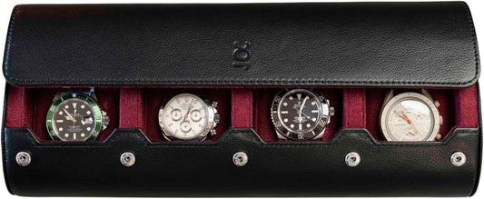 DailyWatch | Watch Roll Travel Case For 4 Watch | Luxury Watch Case In Genuine Black Leather With Soft Velvet Interior | Watch Case Protect, Store, & Display Your Watches | Black Cherry