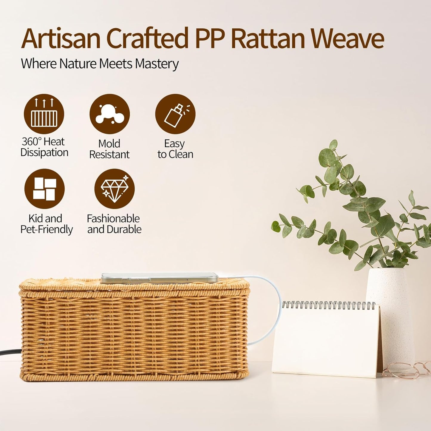 Delamu Handmade Rattan Small Cable Management Box, Cord Organizer with 2 Open Slots, Desk Cord Box Hider for Computer Router USB Hub Power Strip, 12.5" Lx 5.1" Wx 5.1" H, Natural