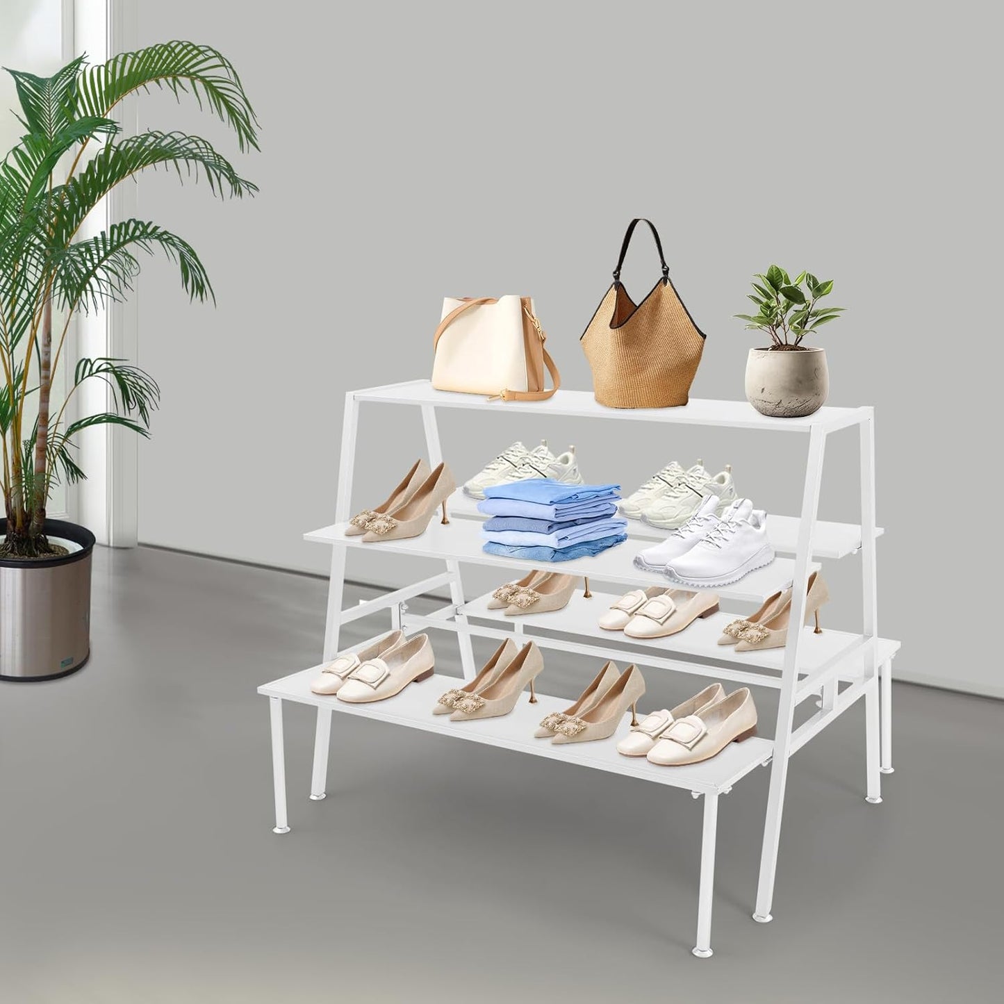 Nesting Tables for Retail Display, 3 Tier Metal Shoe Handbag Display Stand, Modern Retail Display Tables for Boutiques, Floor Standing Double Side Display Riser Shelf for Clothing Stores (White)