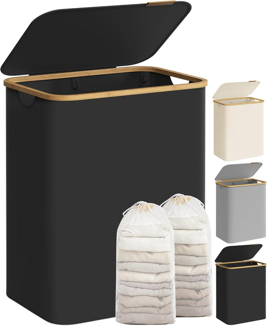 SONGMICS Laundry Hamper with Lid, 2-Section Large Laundry Basket, 34.3-gallon (130L), Removable Mesh Liner, Bamboo Handles, Collapsible, 20.5 x 15.2 x 27.8 Inches, Ink Black ULCB513B01