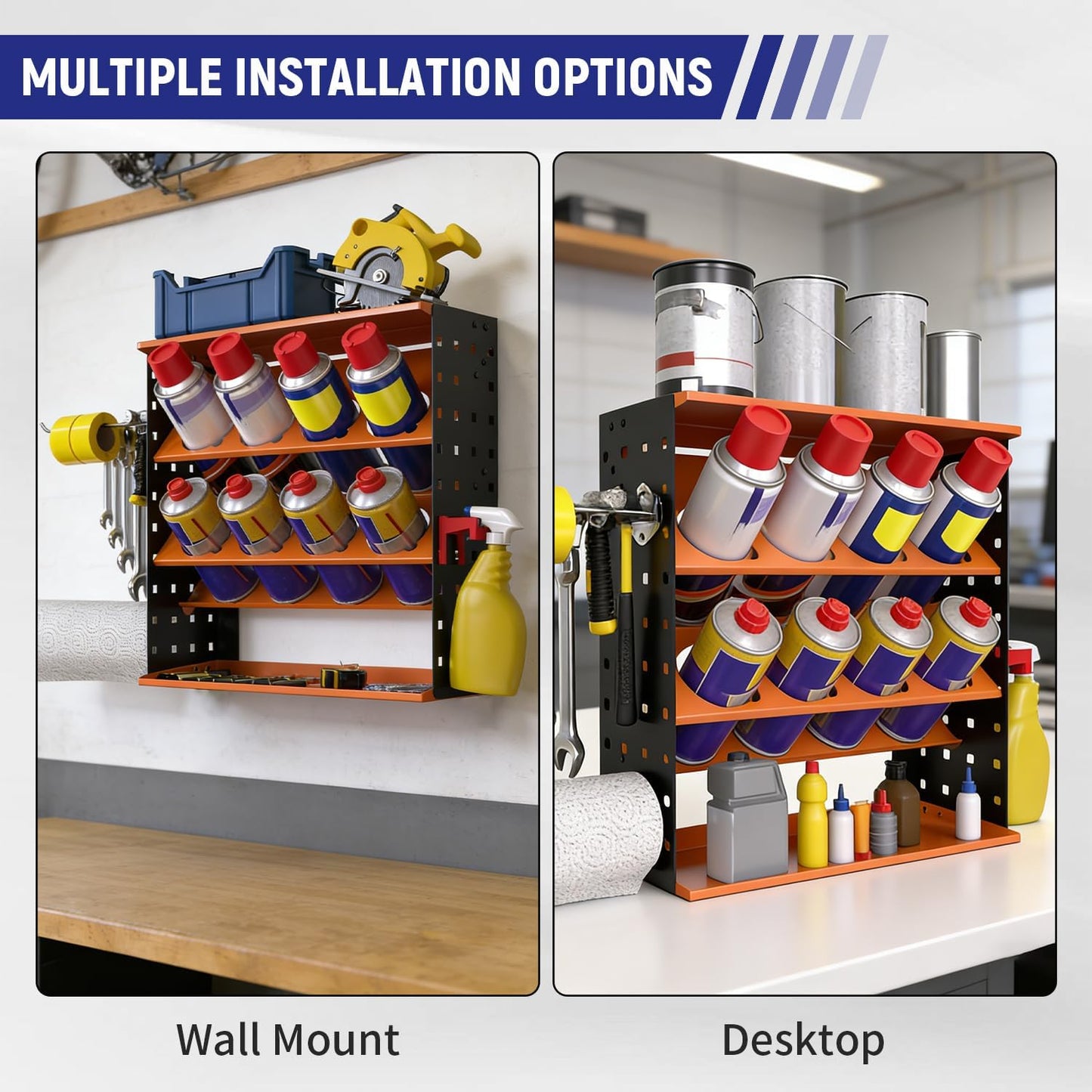 Wall Mount Spray Can Holder, Aerosol Spray Bottle Holder Storage Rack, Heavy-Duty Paint Bottle Organizer with 8 Can Holes & 4 Steel Hooks, 4 Plastic Hooks for Garage, Shop, Home or Tool Trailer