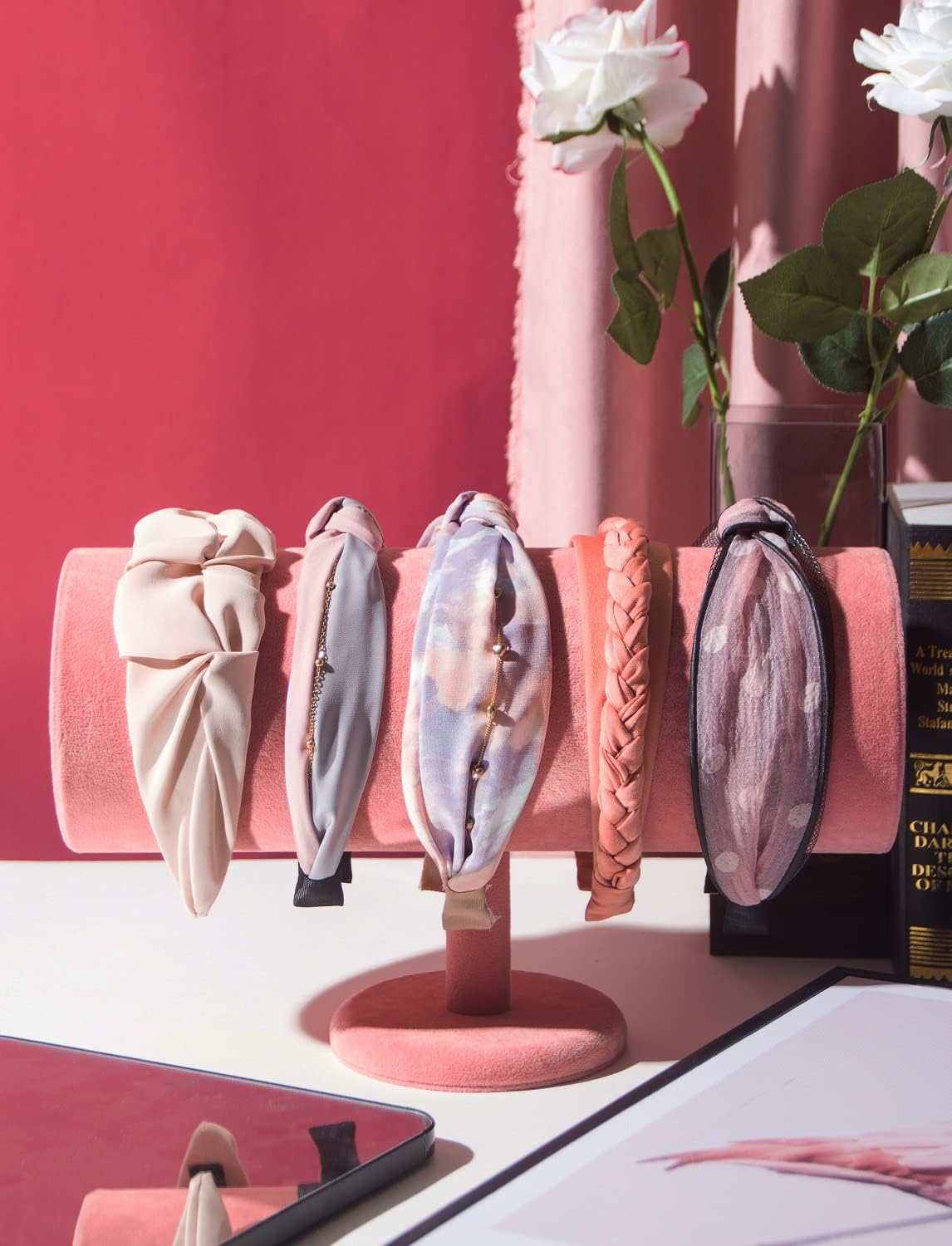 T-Bar Headband Holder Organizer for Show, Soft Velvet Hairband Stand Display, Hair Hoop Accessories Jewelry Storage for Home Bedroom (Peach Velvet)